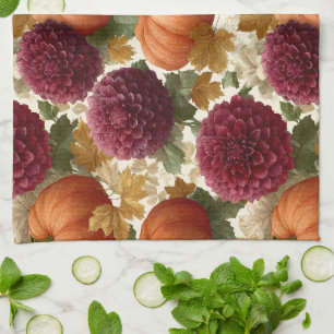 Pumpkins and Burgundy Autumn Blooms Tea Towel