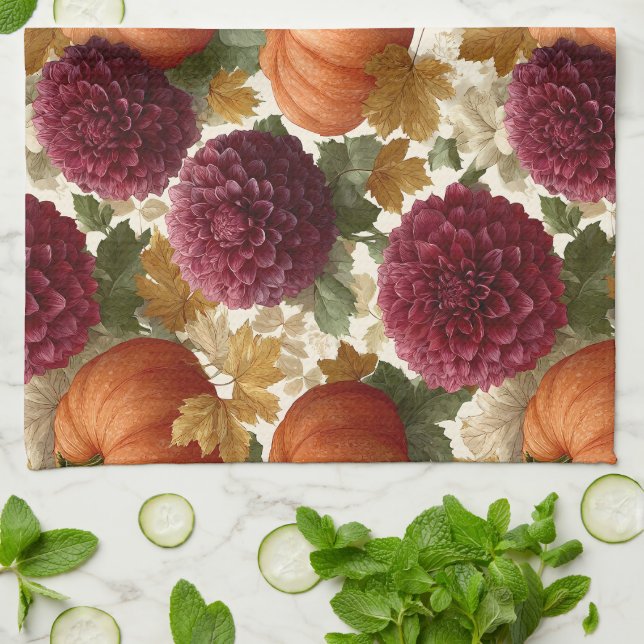 Pumpkins and Burgundy Autumn Blooms Tea Towel (Folded)