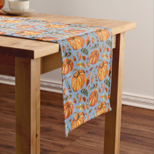 Pumpkins and Fall Leaves Dusty Blue Long Table Runner