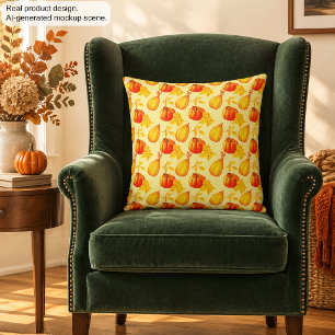 Pumpkins and Fall Leaves Harvest Pattern Cushion