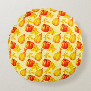 Pumpkins and Fall Leaves Harvest Pattern Round Cushion