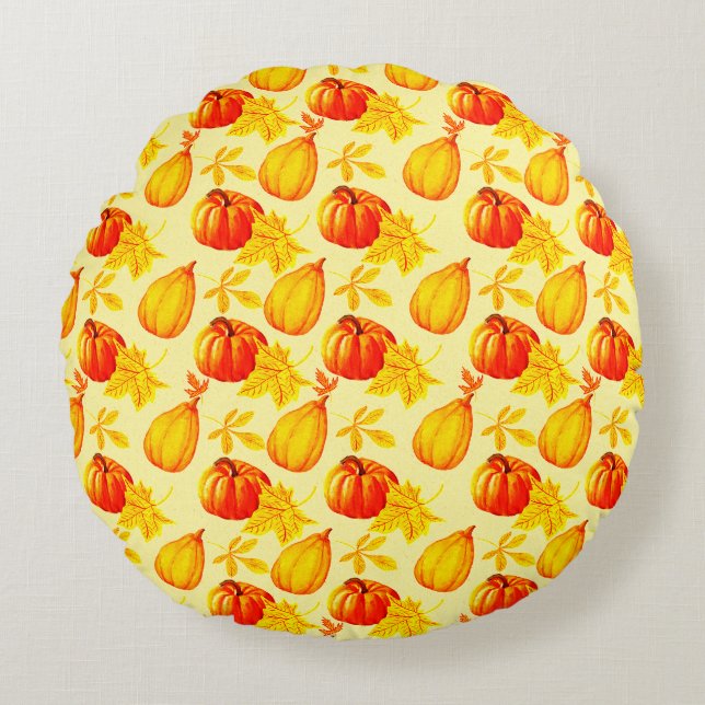 Pumpkins and Fall Leaves Harvest Pattern Round Cushion (Front)