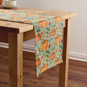 Pumpkins and Fall Leaves Sage Green Long Table Runner