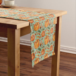 Pumpkins and Fall Leaves Sage Green Short Table Runner