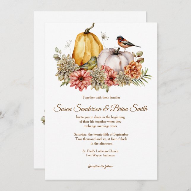 Pumpkins and Florals Fall Wedding Invitation (Front/Back)