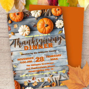 Pumpkins and Leaves on Barn Wood Fall Thanksgiving Invitation