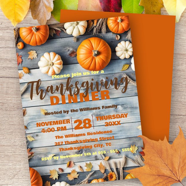 Pumpkins and Leaves on Barn Wood Fall Thanksgiving Invitation (Creator Uploaded)