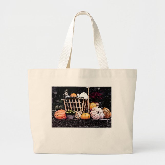 Pumpkins and Mum Autumn Picture Large Tote Bag (Front)