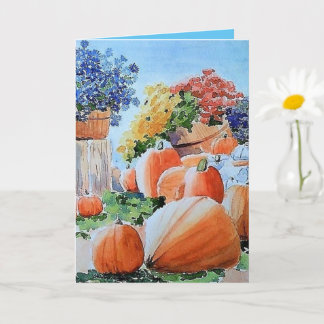 Pumpkins and Mums Greeting card, Fall Art Card