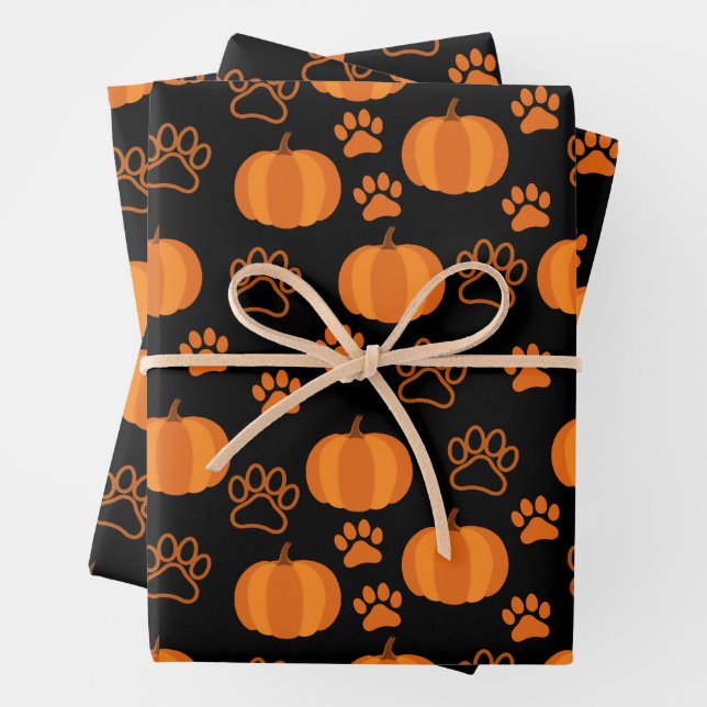 Pumpkins and Paws Halloween Wrapping Paper (In situ)
