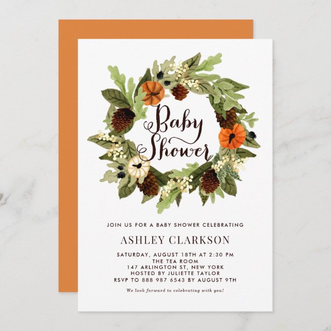 Pumpkins and Pinecones Wreath Fall Baby Shower Invitation (Front/Back)