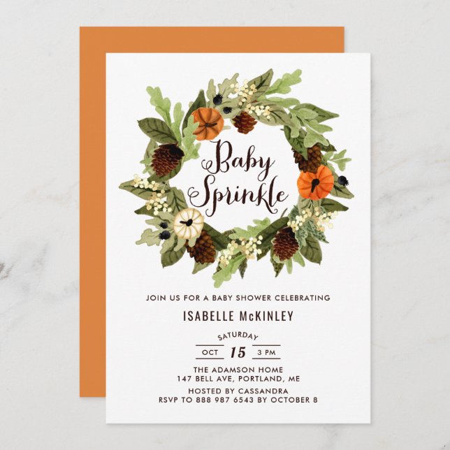 Pumpkins and Pinecones Wreath Fall Baby Sprinkle Invitation (Front/Back)