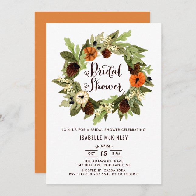 Pumpkins and Pinecones Wreath Fall Bridal Shower Invitation (Front/Back)