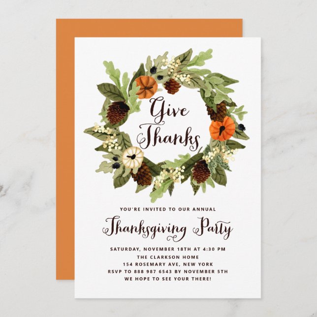 Pumpkins and Pinecones Wreath Thanksgiving Dinner Invitation (Front/Back)
