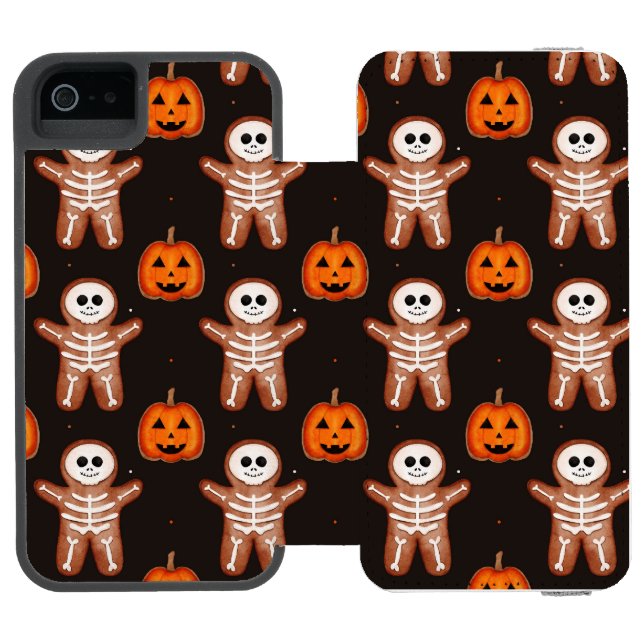 Pumpkins and Skeleton Gingerbread Halloween Design Incipio iPhone Wallet Case (Folio Open)