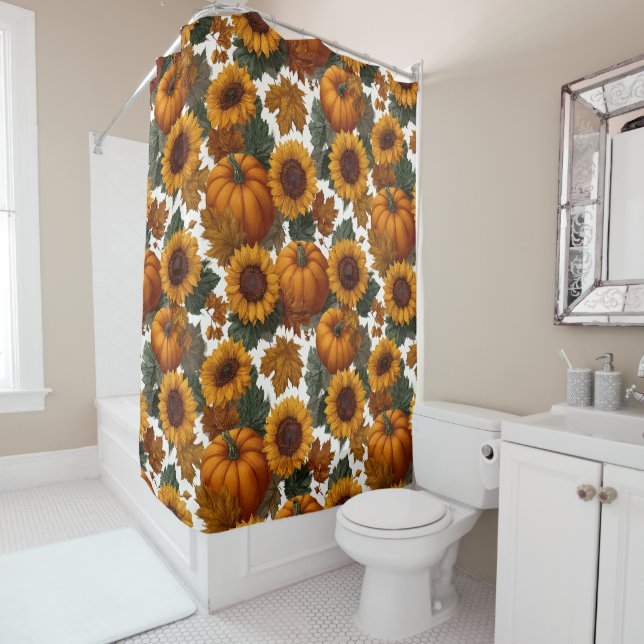 Pumpkins and Sunflowers Autumn Pattern Shower Curtain (In Situ)
