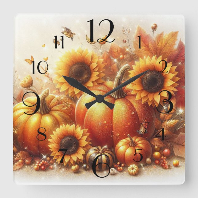 Pumpkins and Sunflowers Square Wall Clock (Front)