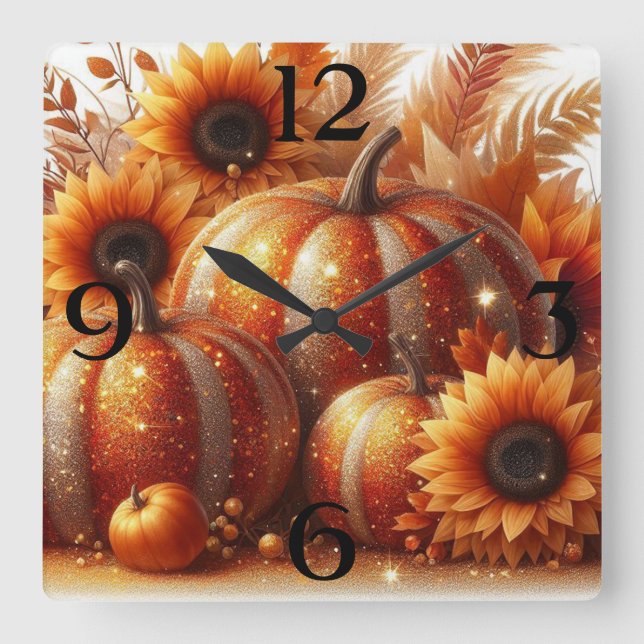 Pumpkins and Sunflowers Square Wall Clock (Front)