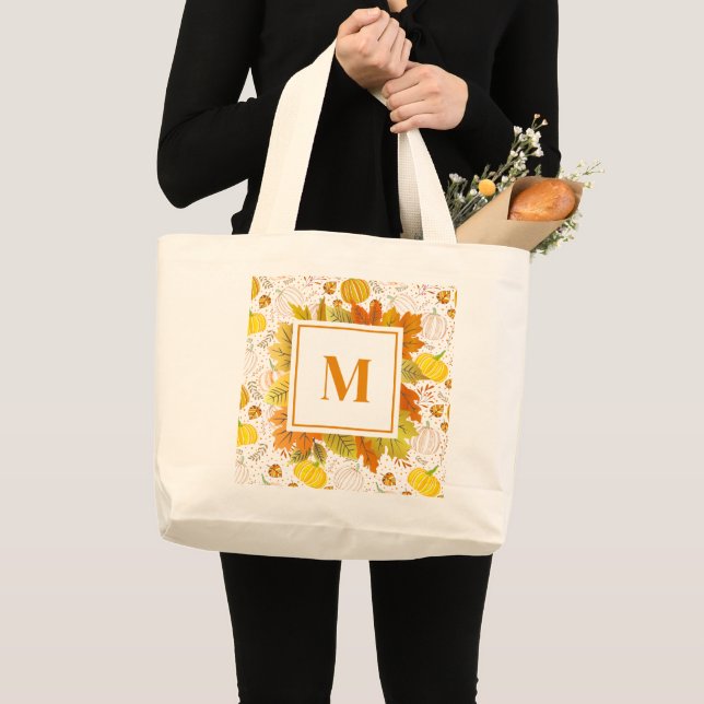 Pumpkins Autumn Fall Harvest Pattern Large Tote Bag (Front (Product))