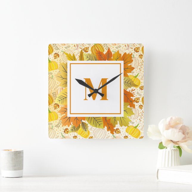 Pumpkins Autumn Fall Harvest Pattern Square Wall Clock (Home)