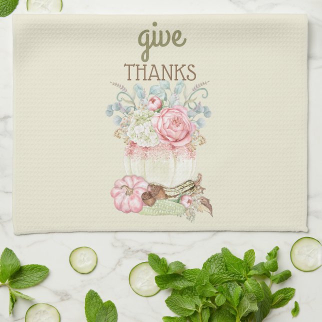 Pumpkins Autumn Fall Pink Ivory Sage Tea Towel (Folded)