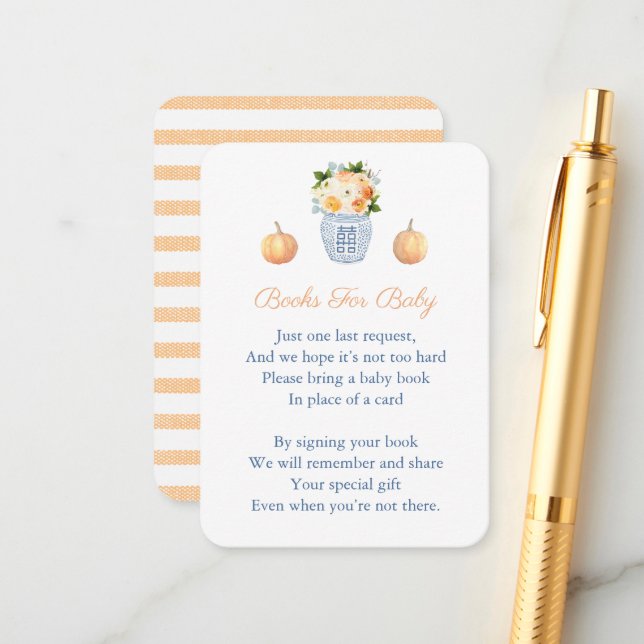 Pumpkins Autumn Flowers Bring A Book Baby Shower Enclosure Card (Front/Back In Situ)