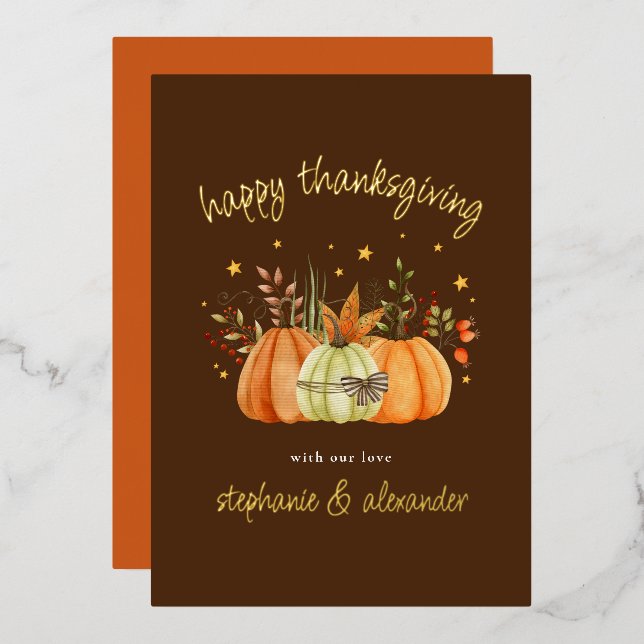 Pumpkins Autumn Happy Thanksgiving Brown Foil Holiday Card (Front/Back)