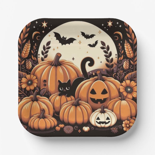 Pumpkins, Black Cats, Bats and a Full Moon Paper Plate (Front)