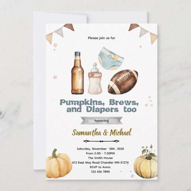 Pumpkins Brew and Diapers Too Invitation (Front)
