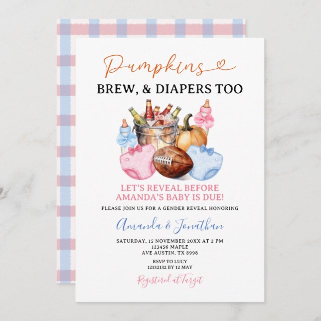 Pumpkins Brew & Diapers Too Gender Reveal Fall Invitation (Front/Back)