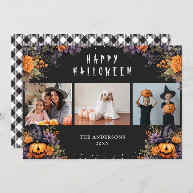 Pumpkins Buffalo Plaid Photo Halloween Cards (Front/Back)