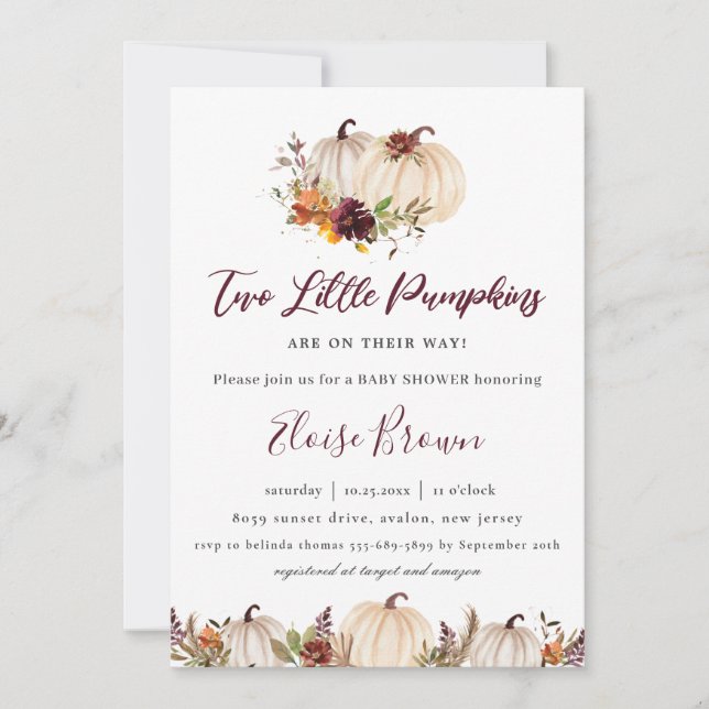 Pumpkins Burgundy Orange Floral Twins Baby Shower  Invitation (Front)