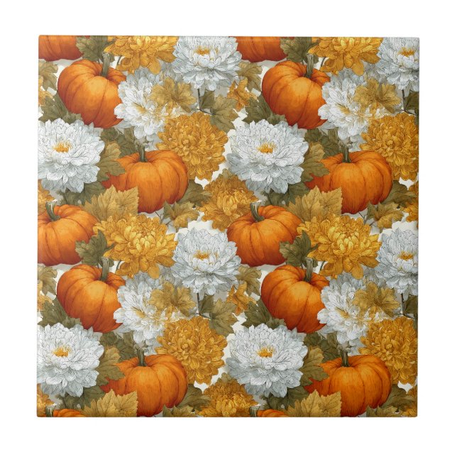 Pumpkins & Chrysanthemums Fall Design Ceramic Tile (Front)