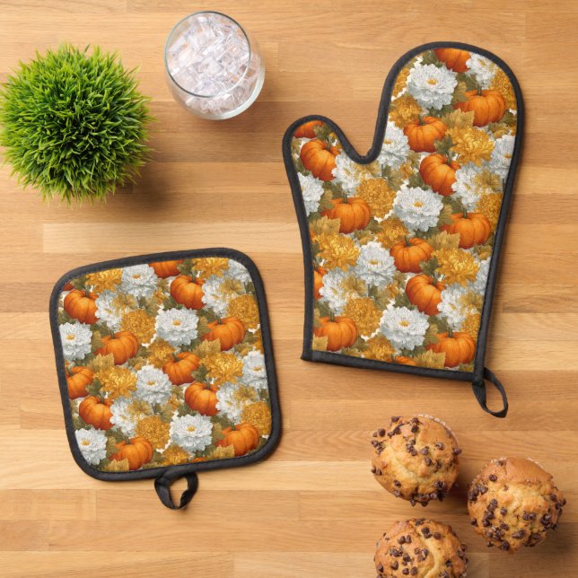 Pumpkins & Chrysanthemums Fall Design Oven Mitt & Pot Holder Set (Top Down)