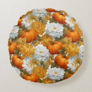 Pumpkins & Chrysanthemums Fall Design Round Cushion
