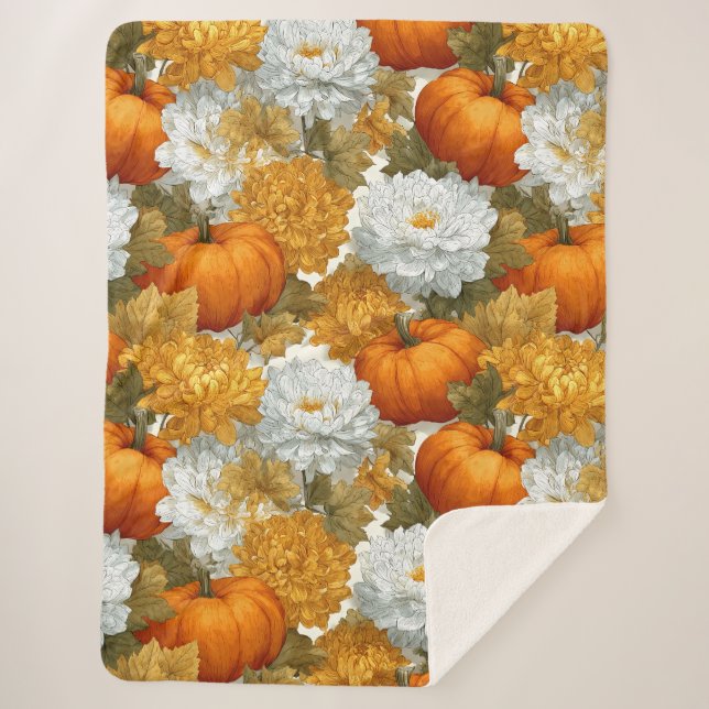 Pumpkins & Chrysanthemums Fall Design Sherpa Blanket (Front)