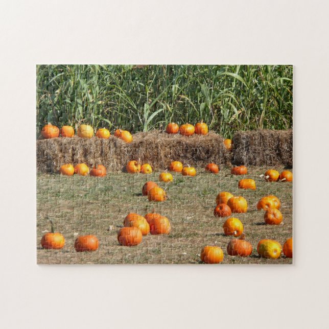Pumpkins, Corn and Hay Autumn Harvest Photography Jigsaw Puzzle (Horizontal)