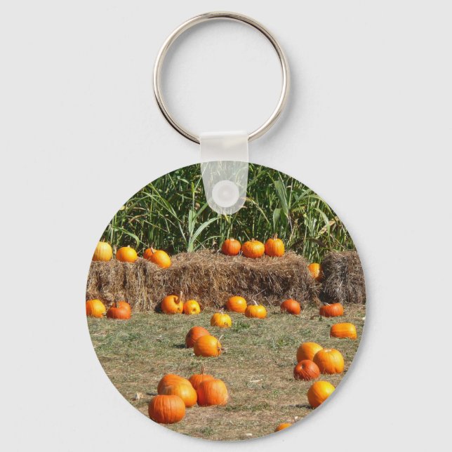 Pumpkins, Corn and Hay Autumn Harvest Photography Key Ring (Front)