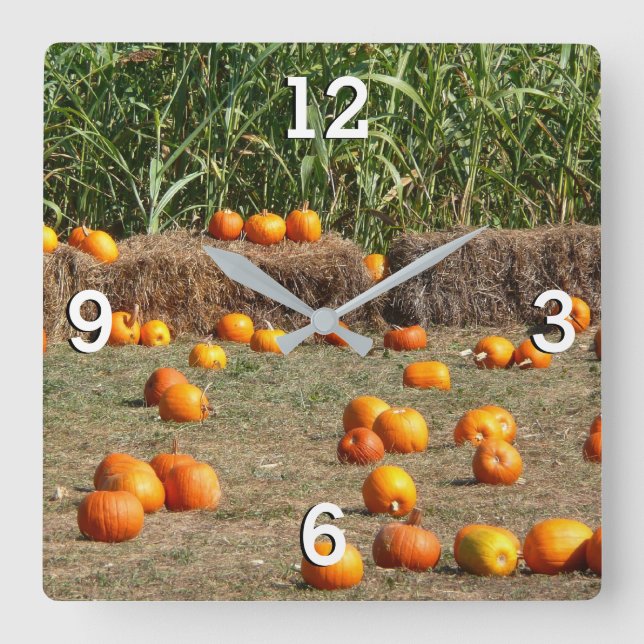Pumpkins, Corn and Hay Autumn Harvest Photography Square Wall Clock (Front)