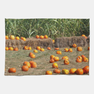 Pumpkins, Corn and Hay Autumn Harvest Photography Tea Towel