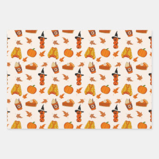 Pumpkins, Cosy Sweaters, and Fall Leaves Design Wrapping Paper Sheet