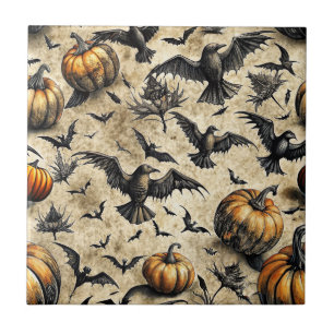 Pumpkins, Crows, and Bats Halloween Pattern (2) Ceramic Tile