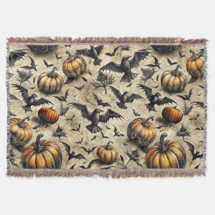 Pumpkins, Crows, and Bats Halloween Pattern (2) Throw Blanket