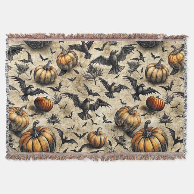 Pumpkins, Crows, and Bats Halloween Pattern (2) Throw Blanket (Front)