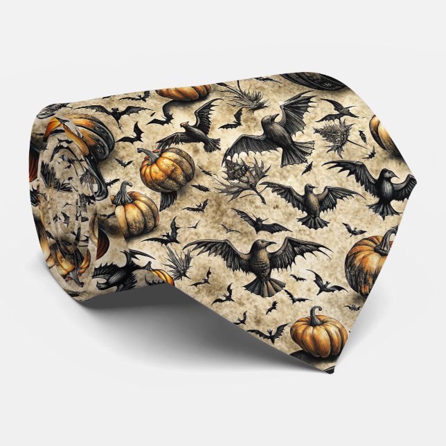 Pumpkins, Crows, and Bats Halloween Pattern (2) Tie (Rolled)