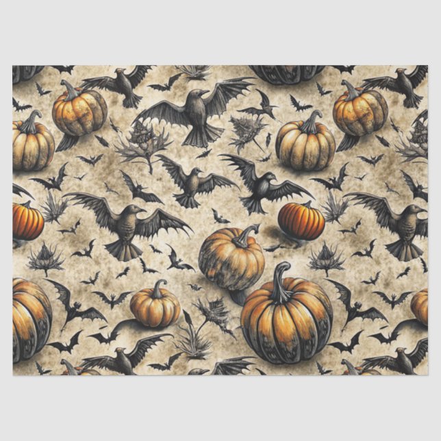 Pumpkins, Crows, and Bats Halloween Pattern (2) Tissue Paper (Front)