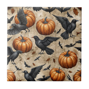 Pumpkins, Crows, and Bats Halloween Pattern Ceramic Tile
