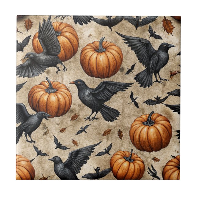 Pumpkins, Crows, and Bats Halloween Pattern Ceramic Tile (Front)