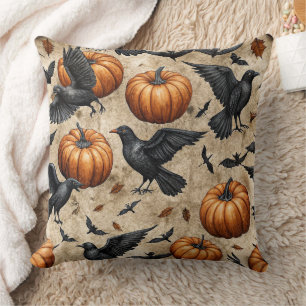 Pumpkins, Crows, and Bats Halloween Pattern Cushion