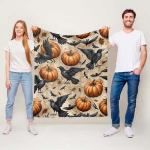 Pumpkins, Crows, and Bats Halloween Pattern Fleece Blanket